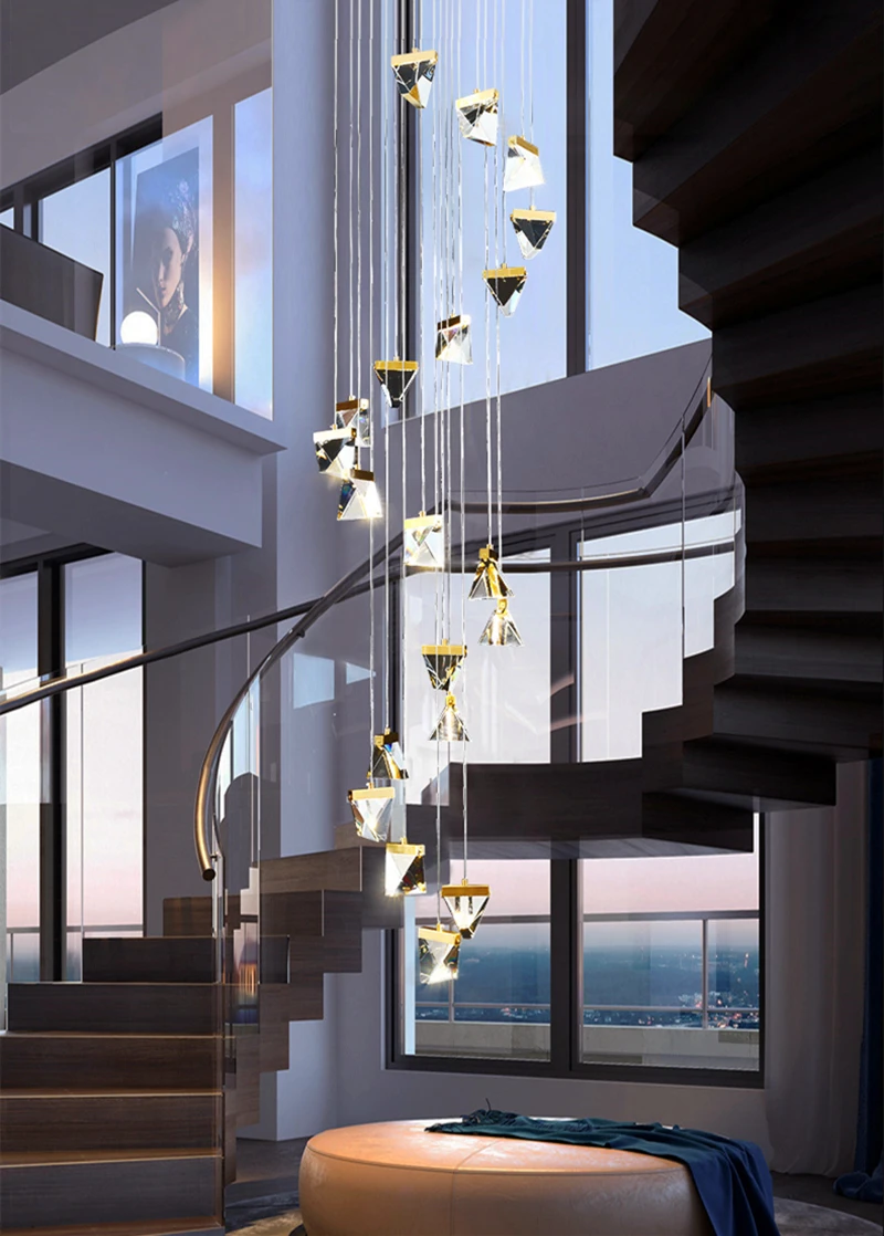 

Square Rhombic Crystal Led Chandelier Duplex Villa Stair Pendant Lamp for Living Room Indoor Lighting Are Suitable Hanging Light