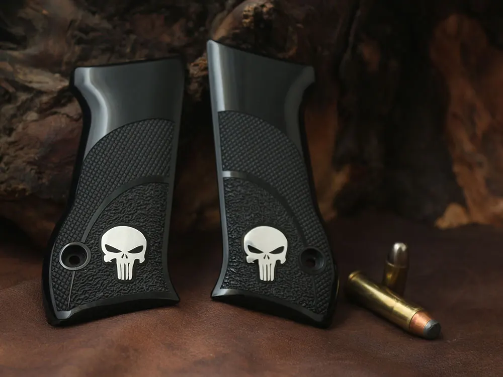 

Ksd Jericho 941 F / FS Model Compatible Black Acrylic Grip for Replacement (with Half Pattern & Silver Skeleton figure)