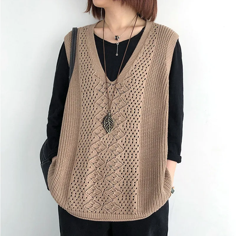 

Spring Autumn Thin Section Knitted Vest Women Sweater Vest Loose Sleeveless Outer V-neck Waistcoat Retro Pullover Vest Cardigan