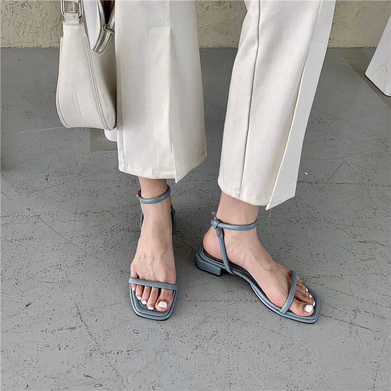 

Stiletto Square Open Toe Retro One Word Buckle Flat Heel Roman Low Breathable Women Sandals