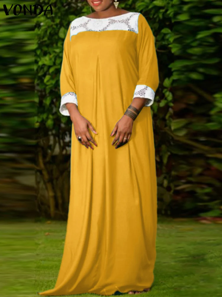 

Summer Women Patchwork Dress 2022 VONDA Vintage 3/4 Sleeve Holiday Party Maxi Dresses Bohemian Casual Vestidos Robe Femme 6#