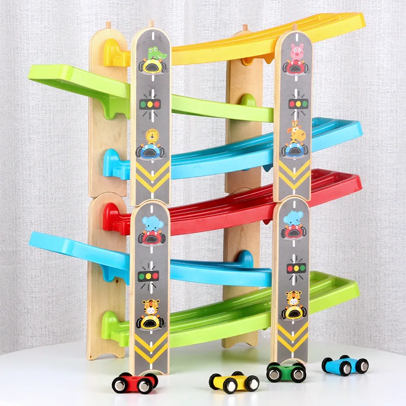 

Kids Car Race Track Toy Montessori Toy for 1-3 Year Old Boys Girls Ramp Racer Set With 4 Mini Cars Educational Toys for Children