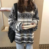 lazy style student all match loose simple shirt striped printing plus velvet thick thick warm loose pullover round neck sweater