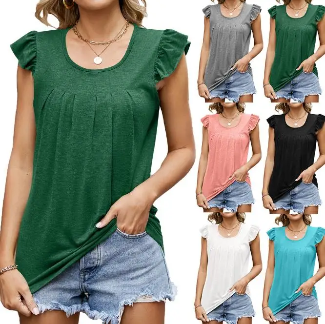 

Fashion Lace Round Neck Solid T-shirt Tank Top for Women
