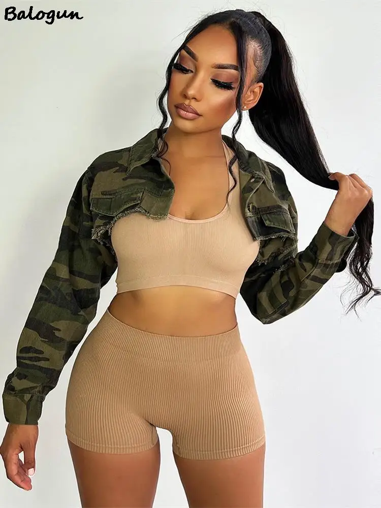 

Balogun Summer Print Denim Jackets For Women Streetwear 2022 Camouflage Party Crop Top Female Army Green Long Sleeve Short Coats