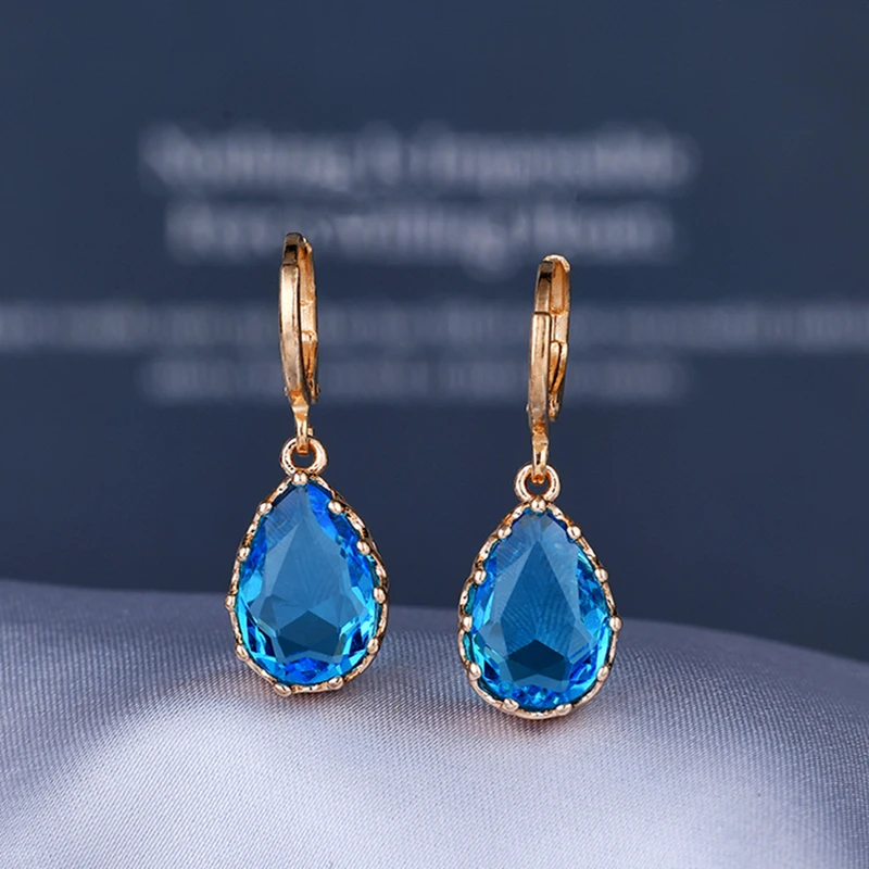 Simple Women Blue Sapphire Crystal Drop Earrings Women Engagement Wedding Gold Earrings Anniversary Gift  Pendientes De Mujer