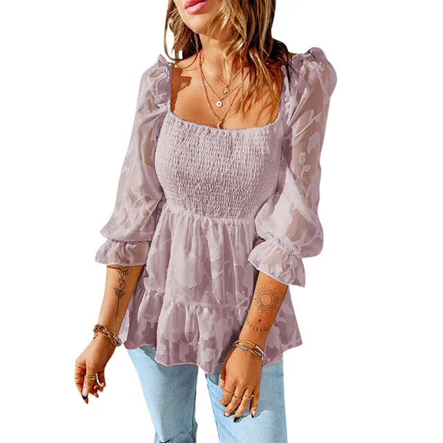 Elegant Ladies Square Neck Top Sexy Ruffles Long Sleeves Mesh Chiffon Party  Tunic Shirts Pleated Blouse 2022 New Fashion Blusas | Женская одежда |  АлиЭкспресс