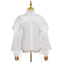 2022 spring new fashion temperament elegant stand up collar stitching lotus leaf lantern sleeve striped top shirt ladies tops
