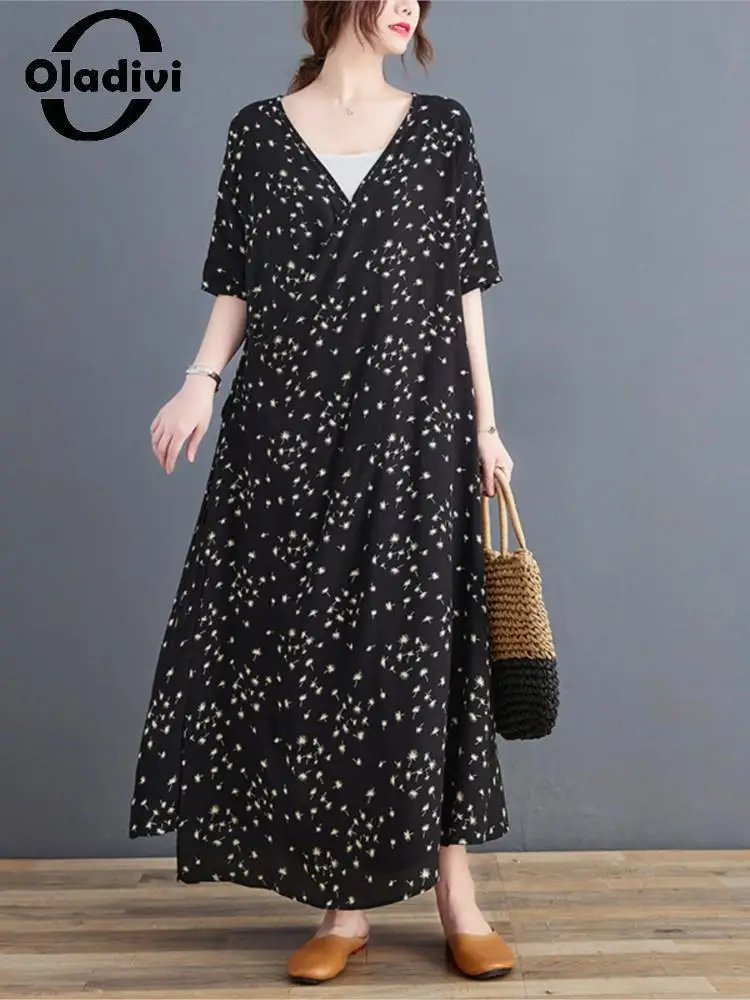 

Oladivi женское богемное Летнее Длинное платье большого размера с коротким рукавом Модный кардиган с принтом платья Повседневная Свободная пл...