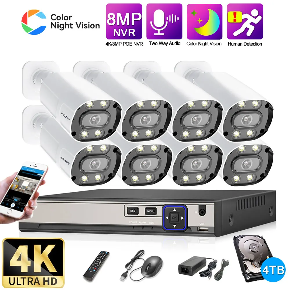 

Камера видеонаблюдения Super HD 4K POE NVR, комплект домашней системы безопасности, 8 каналов, наружная цветная цилиндрическая IP-камера с ночным вид...
