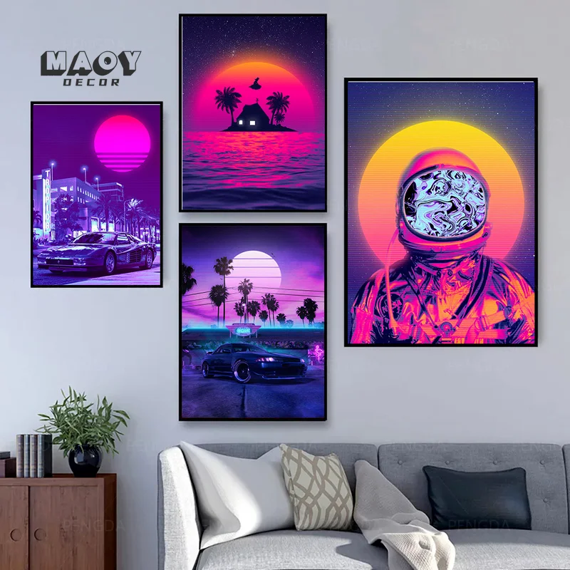 

80s Outrun Vaporwave Style Canvas Painting and City Night Car House Sunset Posters Print Vintage Wall Art Bar Cafe Room Decor