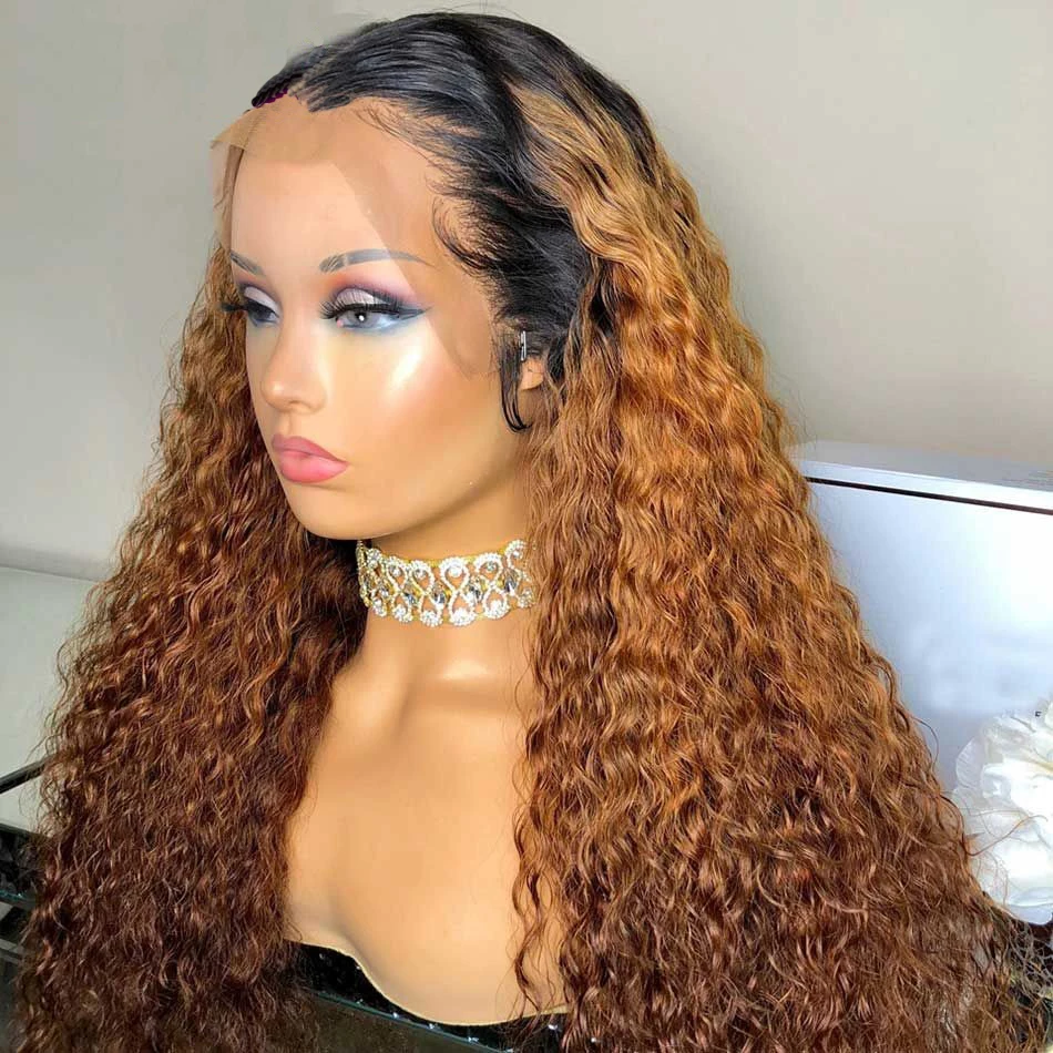 

Soft Long 26'' Natural Hairline Ombre Brown Kinky Cruly 180Density Lace Front Wig for Women BabyHair Glueless Preplucked Daily