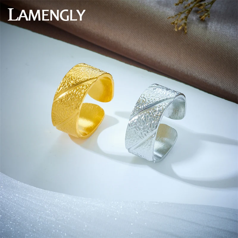 

LAMENGLY 316L Stainless Steel Frosted Wide Adjustable Ring For Women New Fashion Girls Opening Rings Finger Jewelry Party Gifts