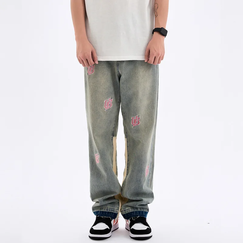 American Retro High Street Patch Embroidered Jeans Men's Ins Street Vibe Style Hip Hop Street Casual Pants Brand Men's Clothing