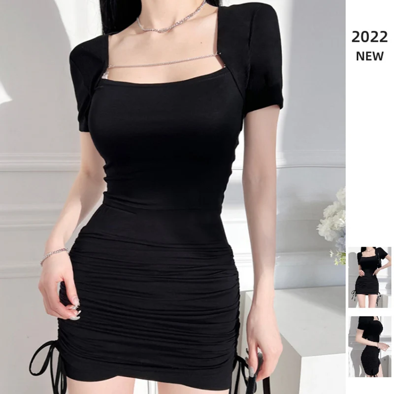 

Платье женское приталенное с квадратным вырезом, пикантное элегантное однотонное Плиссированное с коротким рукавом, на шнуровке, с цепочкой, лето 2022