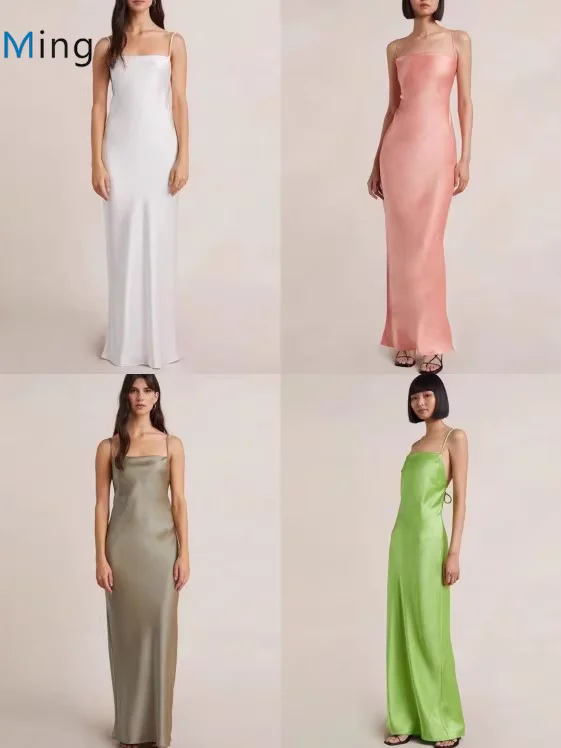 2023 New Thin Shoulder Strap Slash Neck Women Sexy Backless Floor Length Pure Color Satin Long Dress