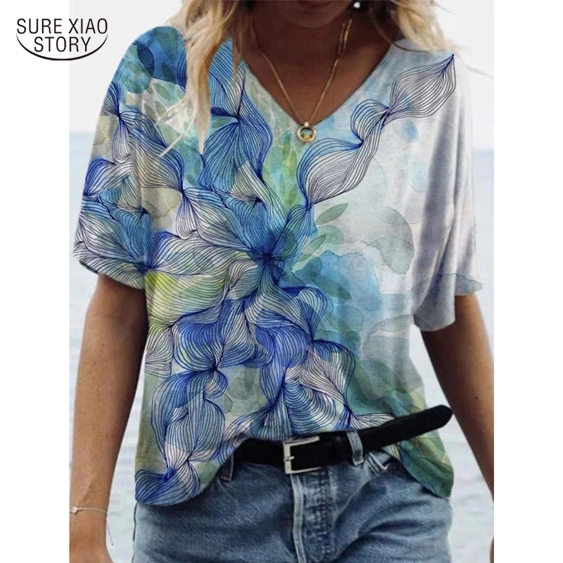 

Футболка женская с цветочным принтом, V-образным вырезом и коротким рукавом