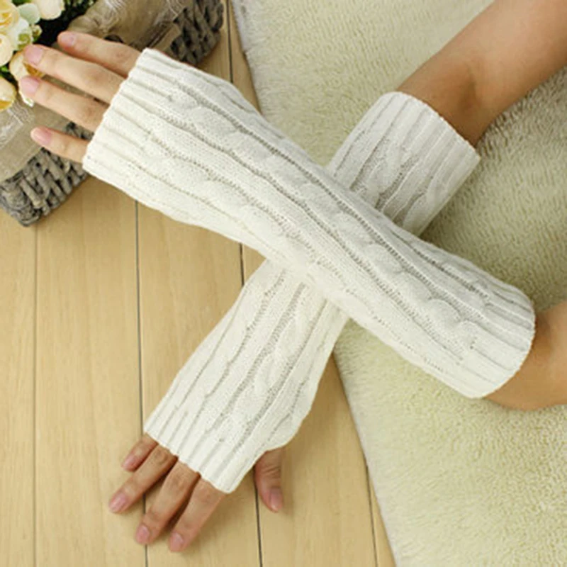 Winter Knitted Arm Warmer Wool Half Finger Long Gloves Female Thicken Fingerless Crochet Fingerless Twist Arm Sleeve Gloves images - 6