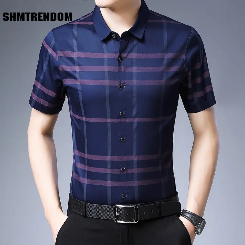 

Oversized Plaid Print Fashion Casual Short Sleeve Dress Shirt Men Summer High Quality Smooth Breathable Silky Cool Chemise Homme