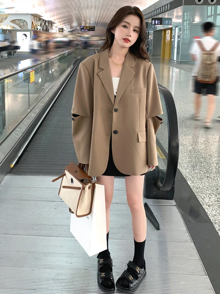 

Brand New Single-Breasted Women Blazers with Designer Cuff Notched Collar Loose Coat Jacket Spring Autumn Outerwear Quality