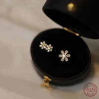 925 sterling silver 14k gold plated stud earrings asymmetric three flower zircon earrings for women temperament korean jewelry