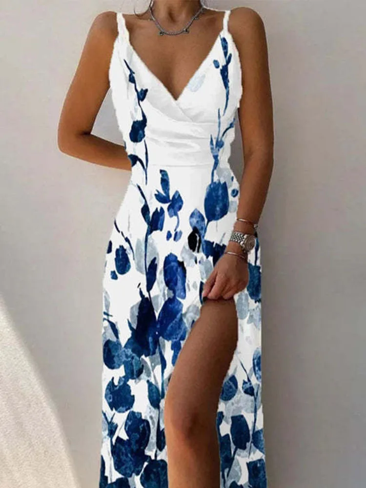 

Платье-Макси женское с цветочным принтом, глубоким V-образным вырезом и высоким разрезом