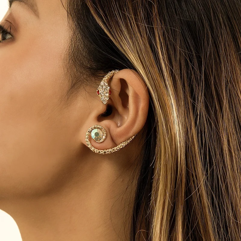 

Trendy Crystal Rhinestone Snake Ear Cuffs Stud Earrings For Women Vintage Hyperbole Goth Punk Snake Cuff Earrings Jewelry 1pcs