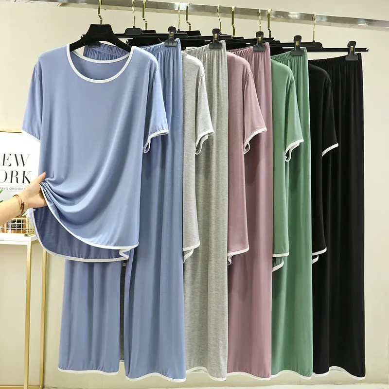 

Cotton Pajamas Sleepwear Set for Women's Summer Thin Two-piece Set Oversized Short Sleeve Long Pants Loose Fitting Home Clothing