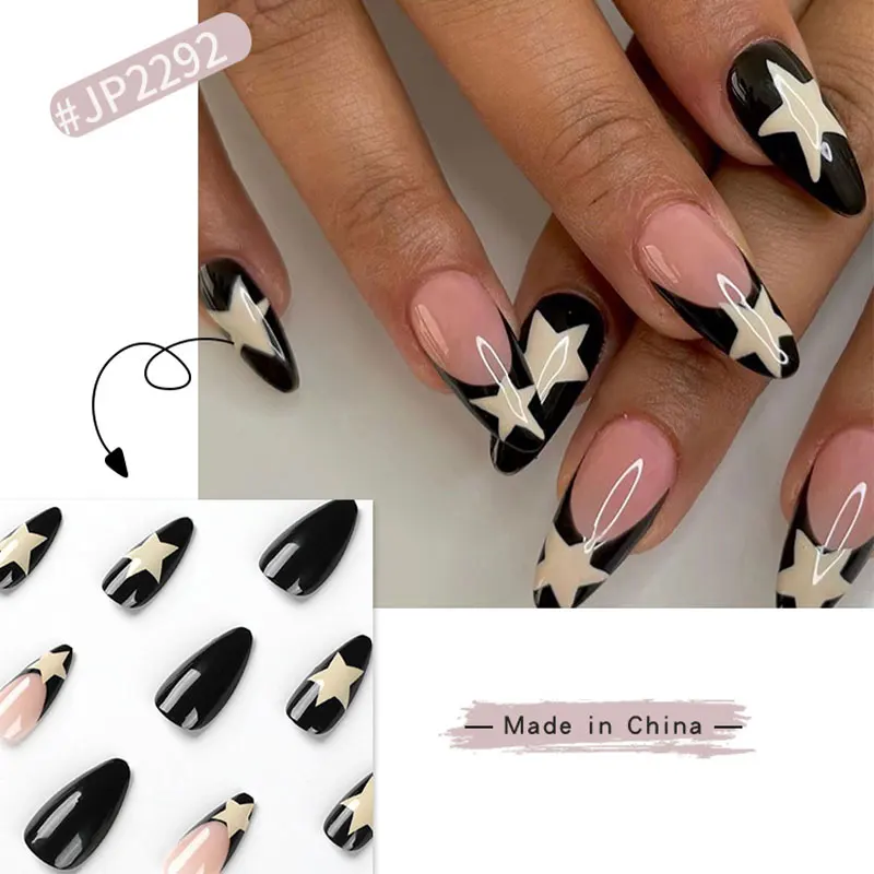 

Wearable French Cream Press On Fake Nails Tips With Pentagram Long False Nails Glue Shiny Glitters Starlight Manicure Ornaments