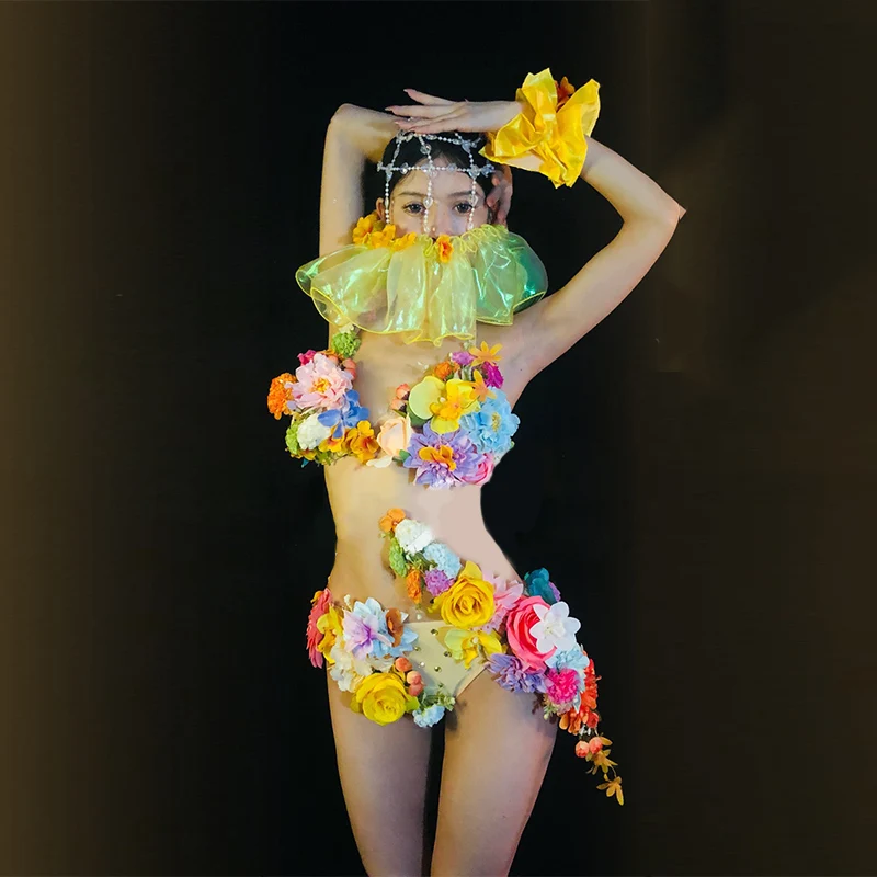 

Сексуальный цветочный бикини для ночного клуба Gogo танцевальный наряд Rinestone головной убор Rave фестиваль одежда женская одежда для бара и шеста танцевальная одежда VDB5820