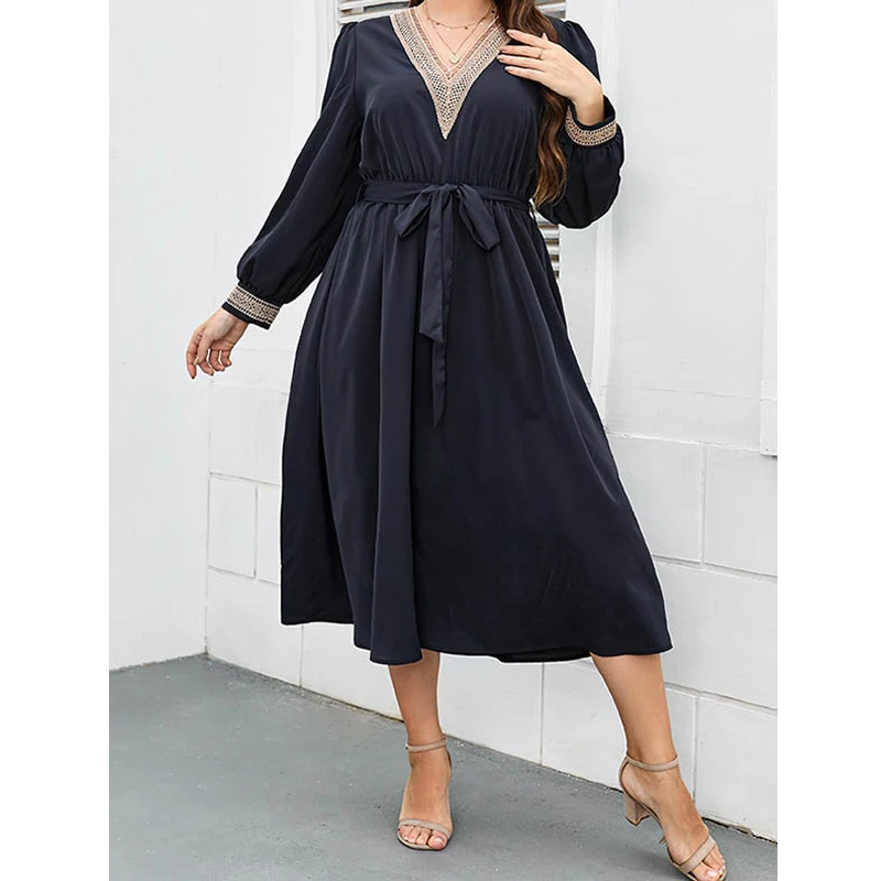 

Dressfo Plus Size & Curve Dress Long Sleeve V Neck Midi Dress Hollow Out Detail Belted Modest Dresses Vestidos