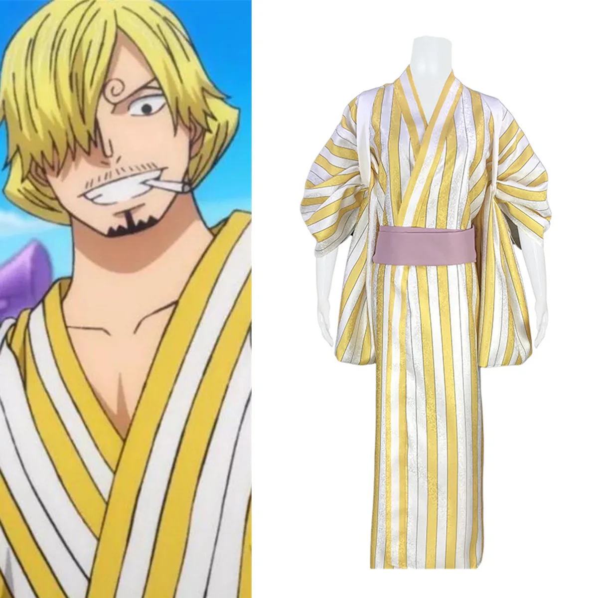 

Anime Sanji Wano Country Cosplay Costume Yellow Stripe Wafuku Kimono Wig Adult Man Woman Halloween Suit Uniform