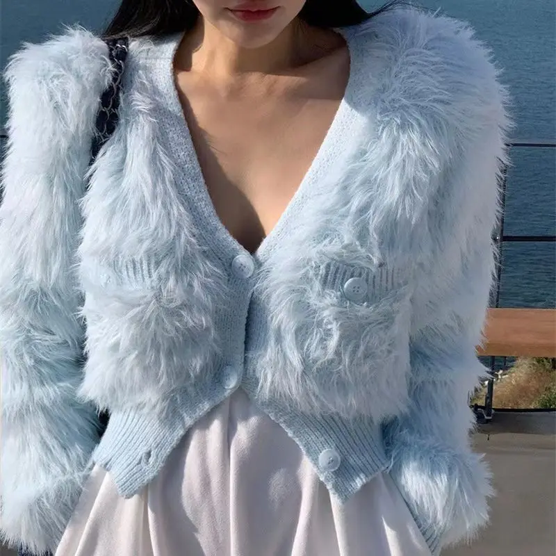 

Knitted Cropped Cardigan Woman Fluffy Korean Fashion Loose Mink Cashmere Sweater Female Solid V Neck Long Sleeve Sweet Coat T102