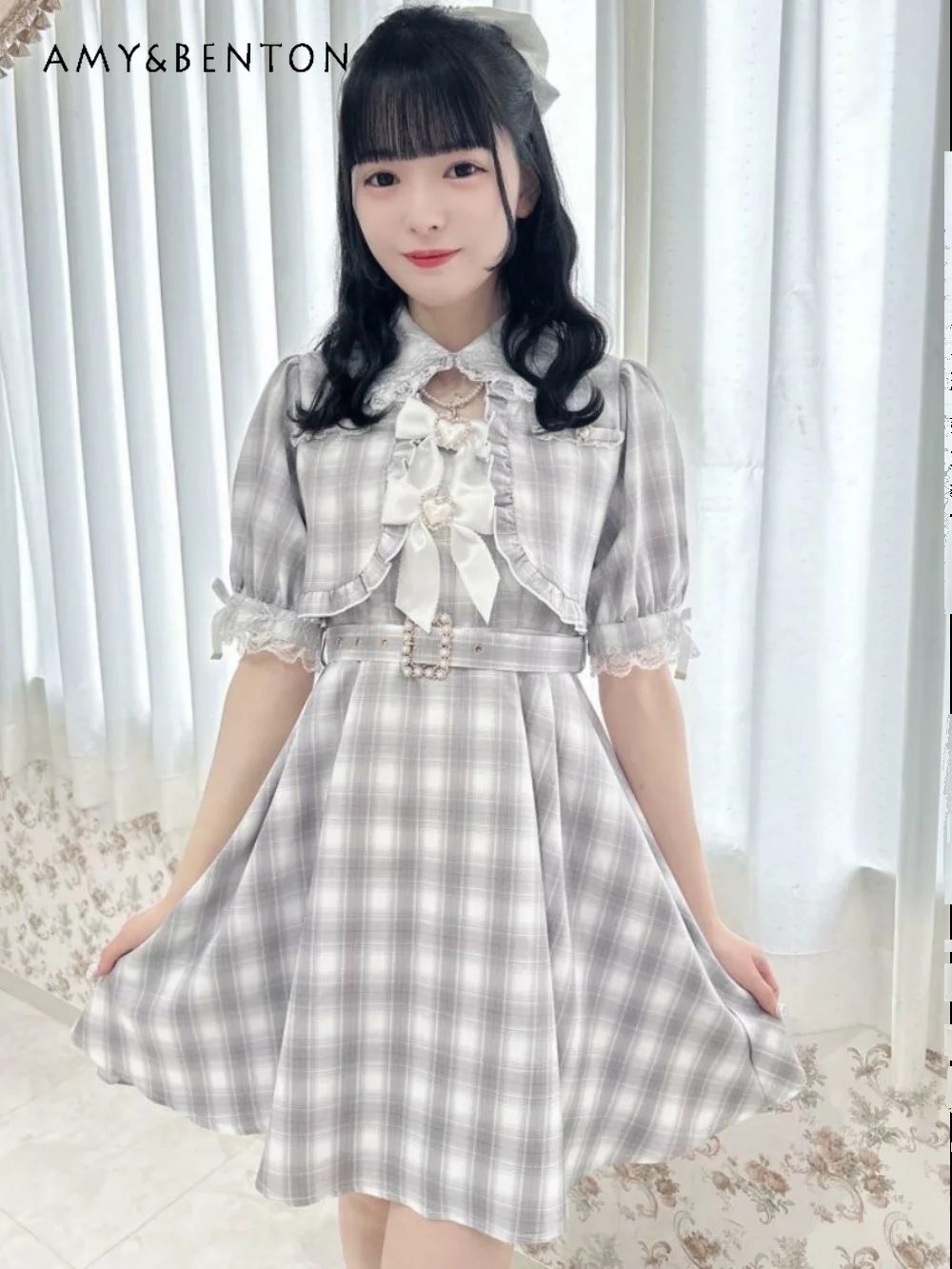 Японские милые платья в клетку RJ облегающие мини-платья с воротником-куклой и