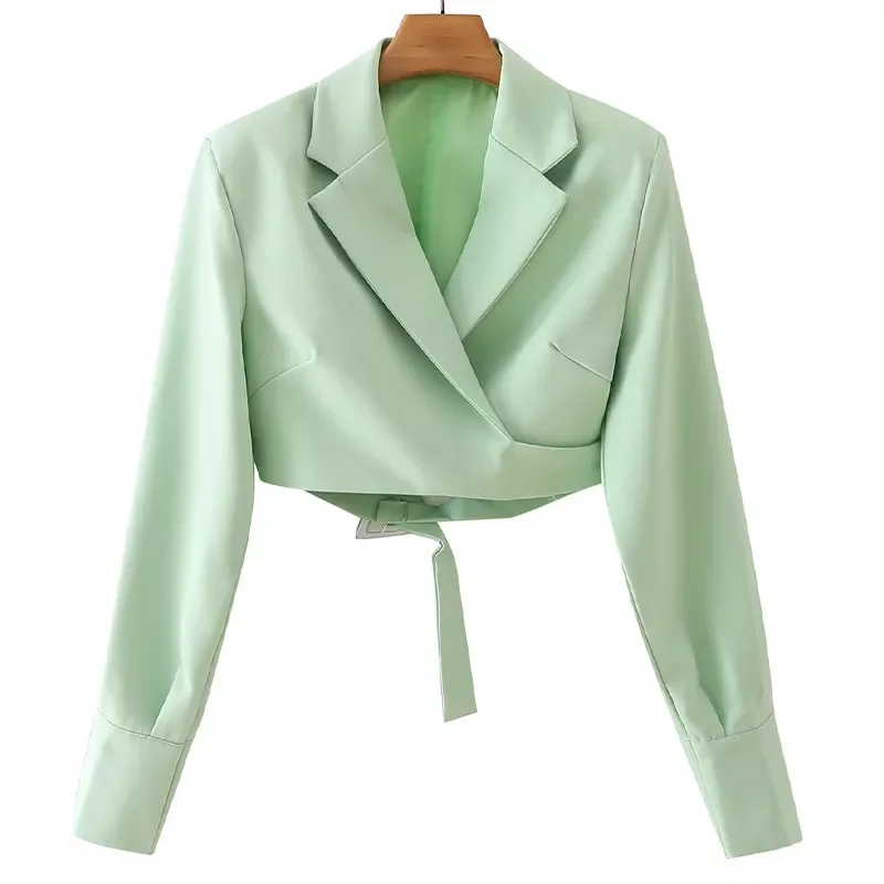 

Aonibeier 2022 Woman Casual Traf Crop Tops Autumn Notched Collar Buckle Strap Detail Wrap Front Slim Green Blazer Jacket Coat