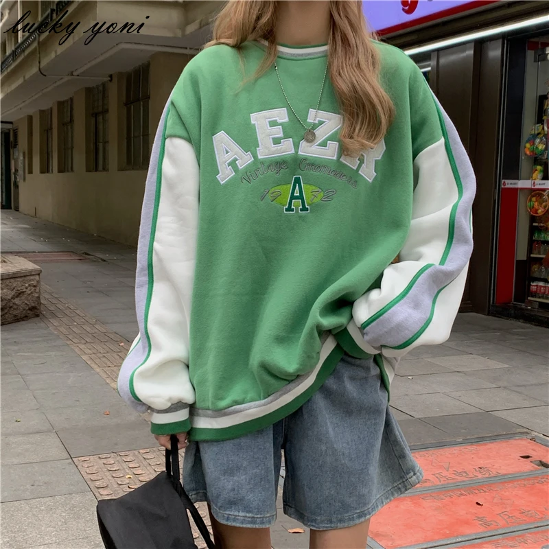 

Yoni Autumn Winter Oversized Sweatshirts Women Casual Loose O-neck Long Sleeve Pullover Female Vintage Letter Warm Tops