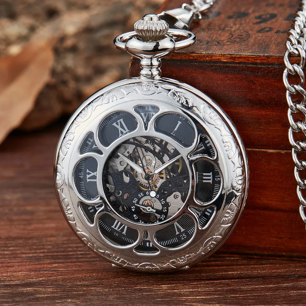 Vintage Silver Mechanical Hand Wind Pocket Watches Blue Roman Numeral Dial Mechanical Flip Watch Men Clock With Fob Chain classic silver pocket watch men fob watches clock roman number hunter hand wind mechanical relogio de bolso with clip long chain