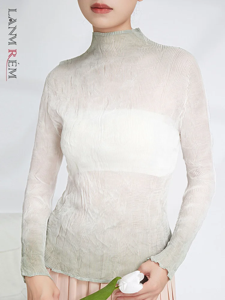 

LANMREM Fashion Pleated Blouse For Women Gradient Turtleneck Long Sleeeves Thin Tops Female Clothing 2023 Summer New 2YA1442
