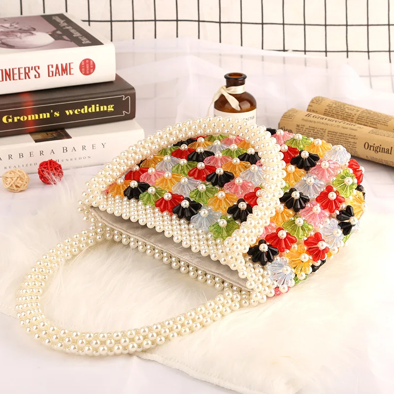 

Handwoven Beaded Pearls Hand-held Colorful Flower Buckle Inner Bag Leisure Holiday All-match Summer Clear Purses Handbags Jelly