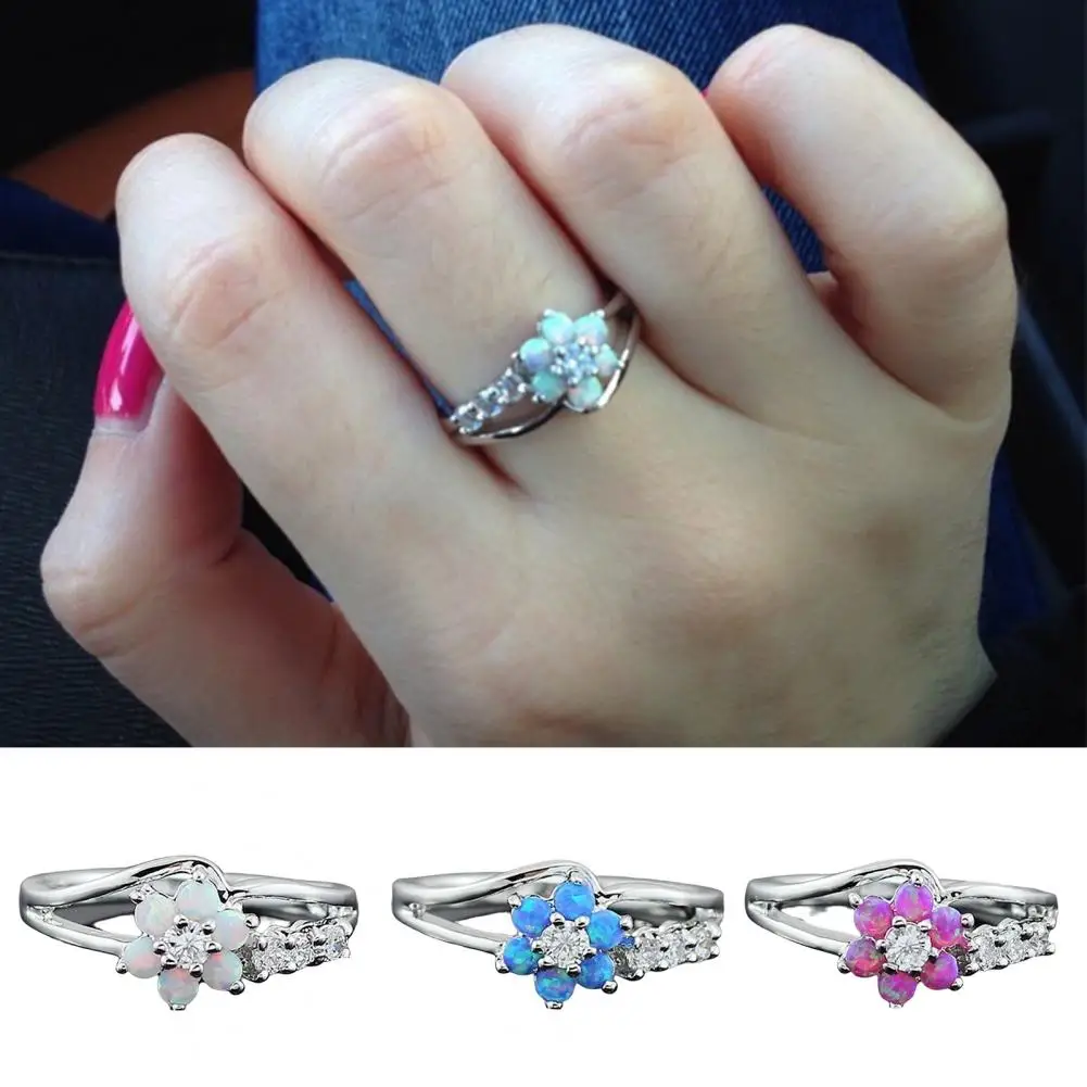 

Women Ring Round Cut Shiny Rhinestone Inlaid Geometric Electroplating Ladies Faux Opal Flower Design Party Ring Jewelry