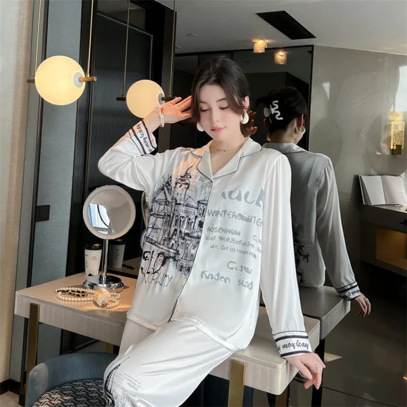 New Luxurious Women's Pajama Set Thin Pajamas Long Sleeved Cardigan Suit Sleepcoat Nightgown Spring Autumn Coat
