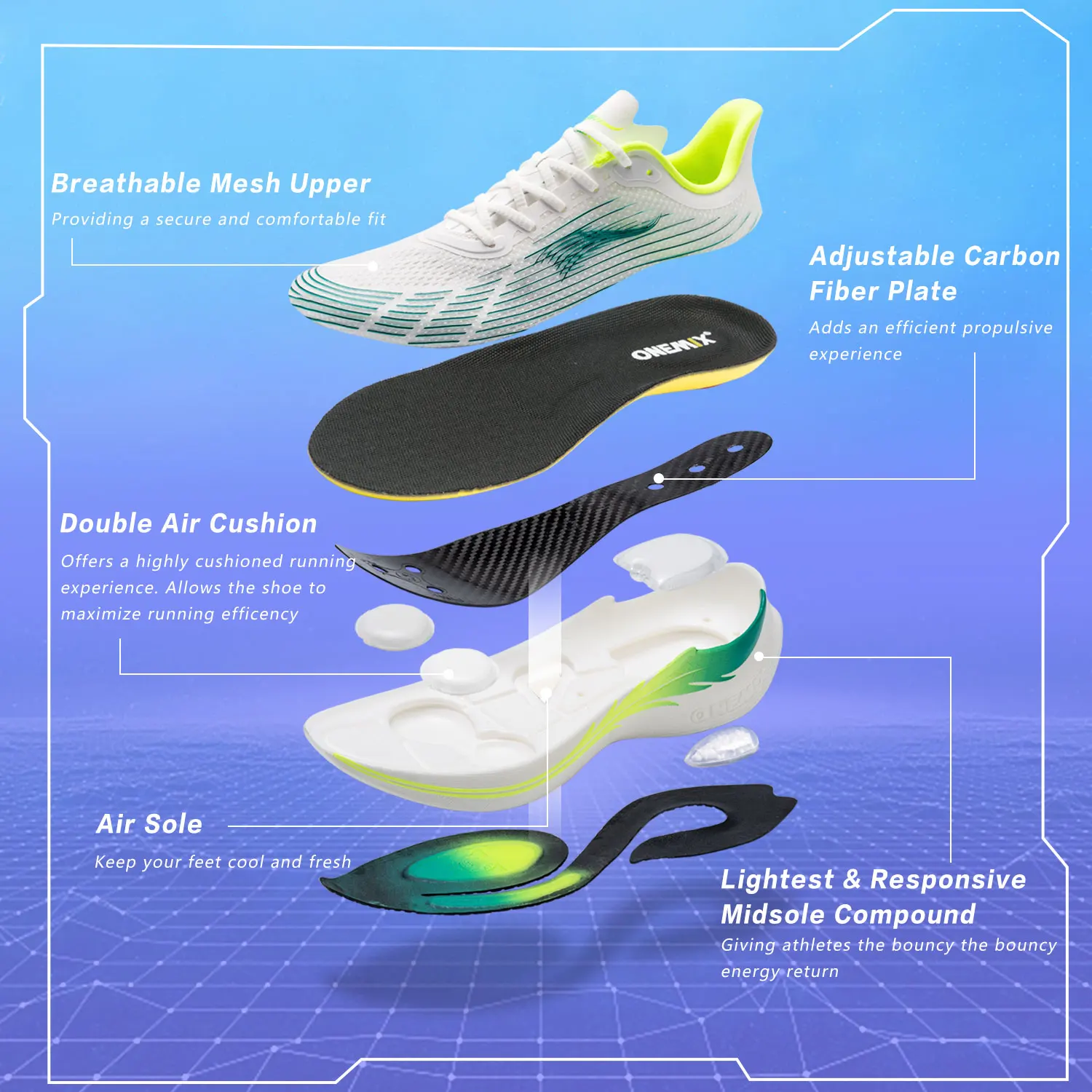 ONEMIX 2023 Men Running Shoes Light Marathon Breathable Sport Women Sneakers Lace Up Mesh Athletic Shoes Soft Carbon Fibre Plate