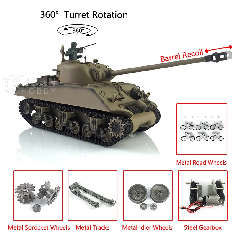 

Henglong 1/16 Pro Ver 7.0 M4A3 Sherman RC Tank 3898 Barrel Recoil 360 Metal Tracks Wheels BBs Airsoft Body Recoil TH19791-SMT7