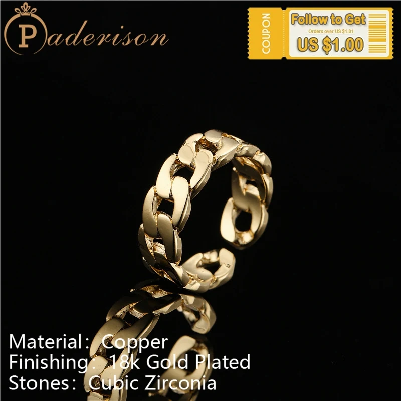 

Punk Hip Hop Cuban Chain Opening Ring Unisex for Men Women Geometric Copper 18K gold-plated Adjustable Ring Street Style