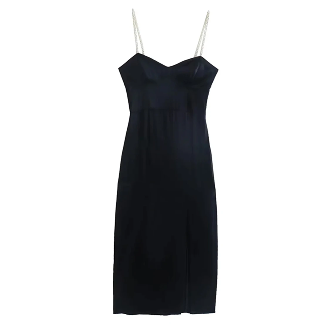 

Withered 2022 French Style Fashion Black Party Dress Elegant Pearls Satin Strapless Suspender Dress Women