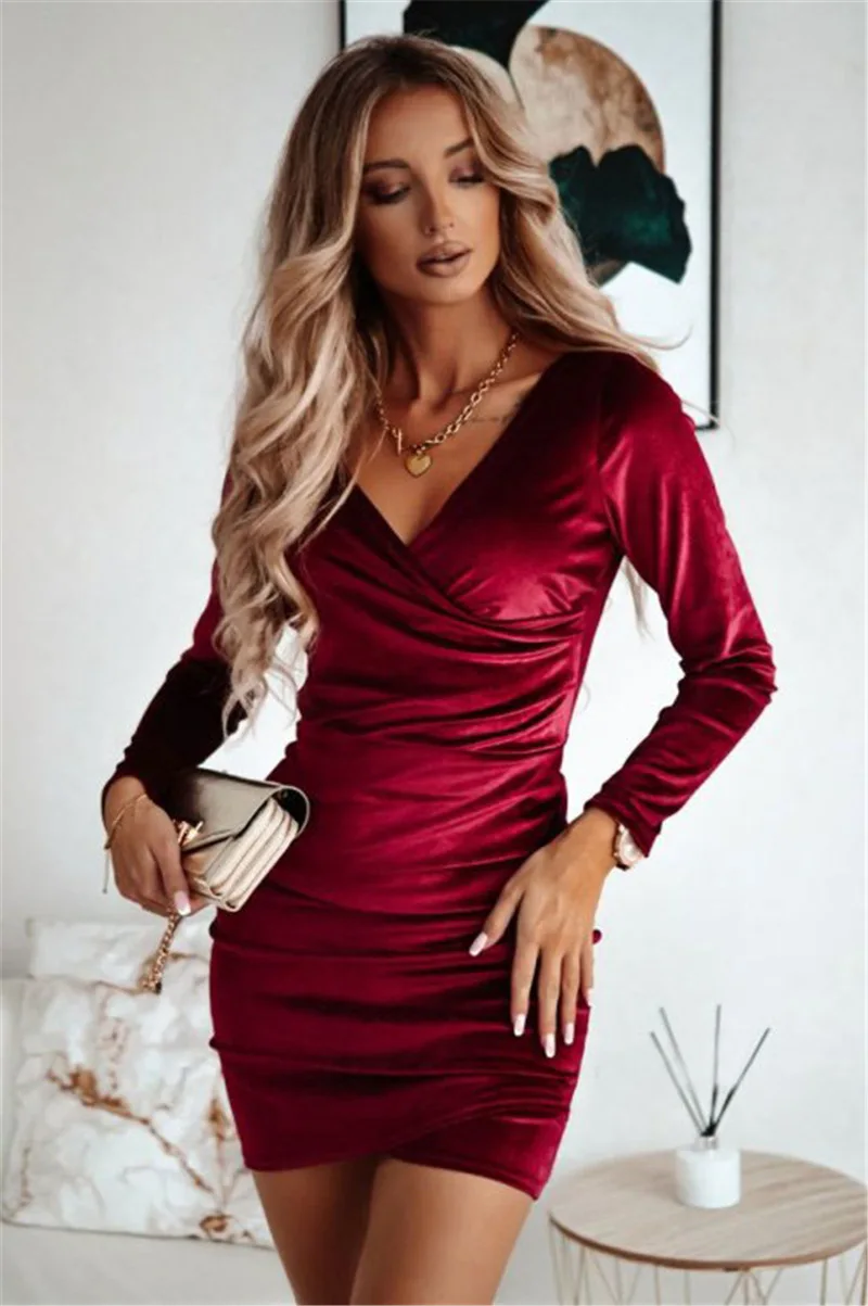 

Fashion Elegant Evening Gowns Women V-Neck Long Sleeve Pleated Dresses Solid Simple Daily Mini Dress Lady Party Vestidos