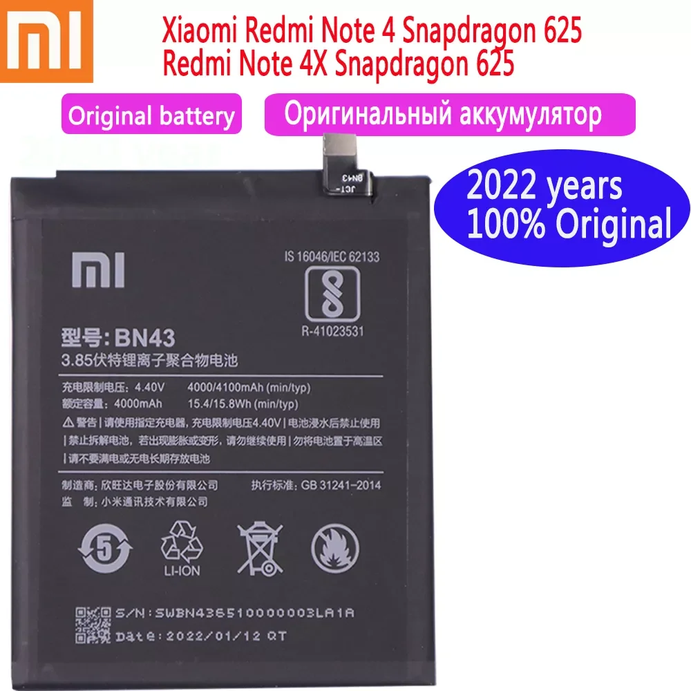 

4000mAh 2022 years 100% Original Battery BN43 For Xiaomi Redmi Note 4X Note 4 global Snapdragon 625 Phone Battery