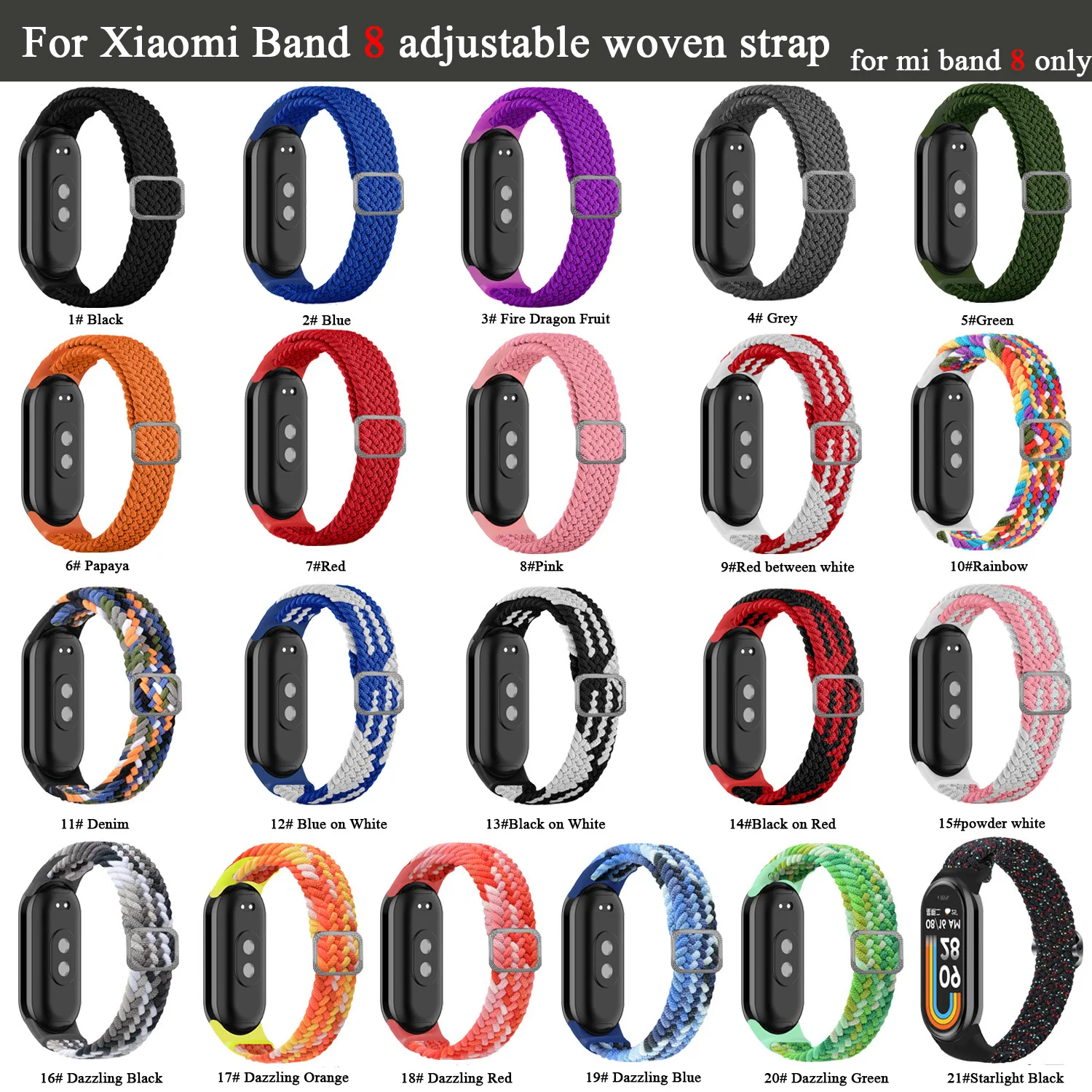 Nylon Braided Strap for Xiaomi Mi Band 8 Bracelet Wristband Adjustable for Mi Band 8 Special Replacement No Border Watchstrap