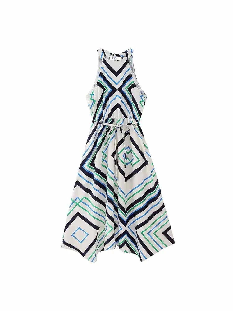 

BSK&ZA&TRF Women New Chic Fashion Geometric pattern Print halter Neck Midi Dress Sleeveless Female Dresses robe Mujer 9878/167