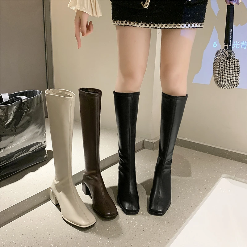 2022 new winter fleece mid-heeled knight boots women's high-tube thin high-heeled boots square toe PU rear zipper square heel